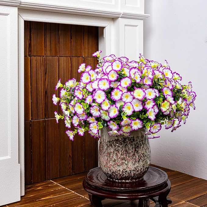 Nigirior Artificial Faux Flowers for Outdoor 16 Bundles Boxwood Fake Morning Glory for Planter,UV Resistant Fake Flowers for Home Porch Patio Outside（Purple/White）