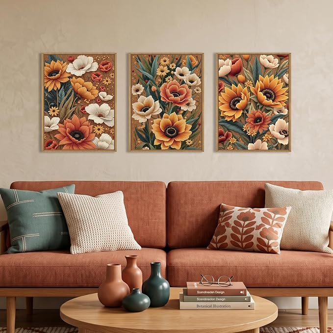 Boho Flower Botanical Framed Canvas Wall Art,Abstract Floral Wall Decor,Embroidery Plant Painting,Bloom Wildflower Artwork for Living Room,Bedroom,Dining Room,Office -12"x16"x3