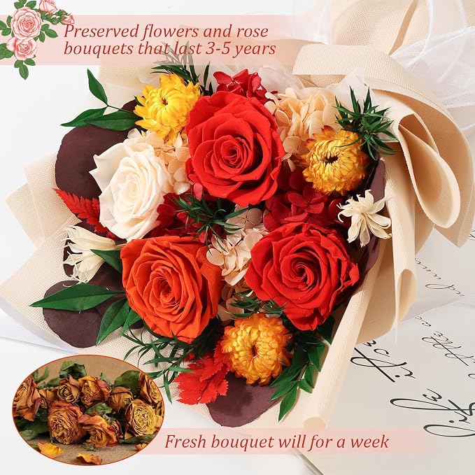 Preserved Flowers Bouquet 4 Roses with Vase,Flowers for Delivery Prime That Last 3-5 Years Real Forever Flowers Rose Bouquet for Mom Mother Women Wife Friends Birthday Mother's Day（Red）