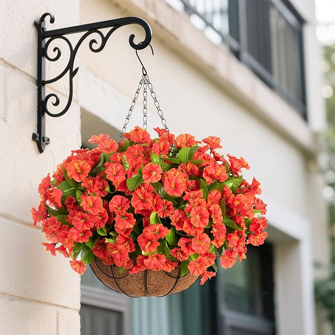 Ammyoo Artificial Hanging Flower Plants with Basket for Spring Summer Outdoor Decoration, Faux Petunias Flowers Fake Morning Glories Planter for Outside Patio Garden Porch Balcony Yard Decor(Orange)