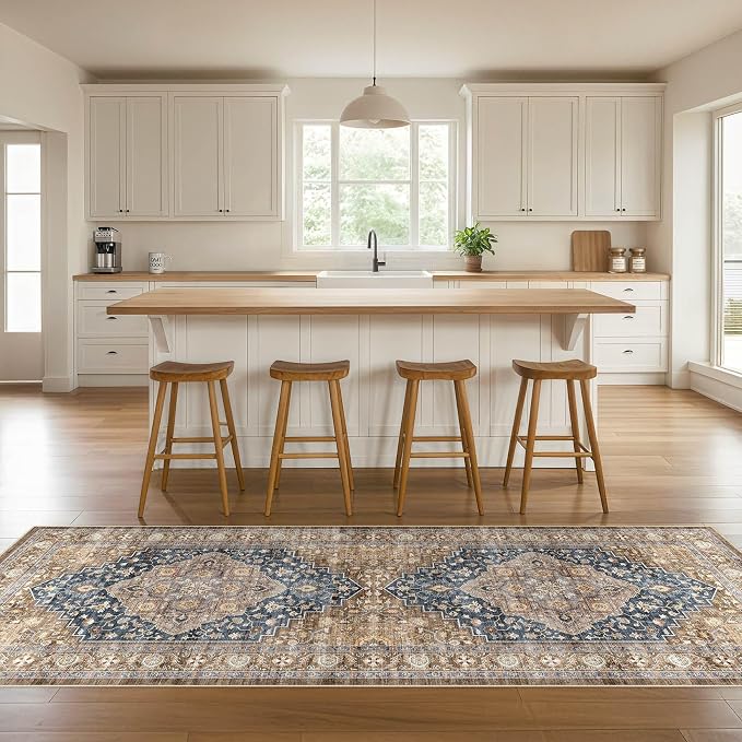 Runner Rug Kitchen Washable Rugs: 3x10 Non-Slip Boho Vintage Stain Resistant Indoor Neutral Farmhouse Throw Carpet for Hallway Bathroom Laundry Room Entryway Bedroom- Yellow Blue