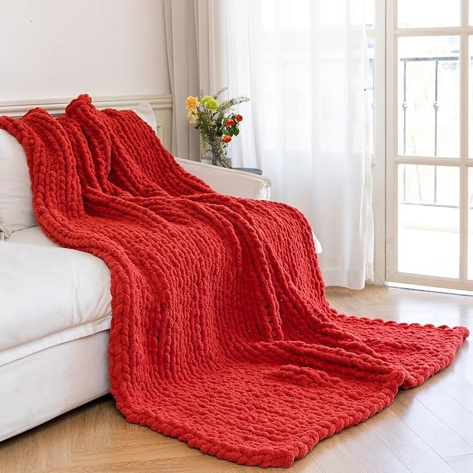 Chunky Knit Blanket - Luxury Soft Cozy 40 * 50 Throw Blanket,100% Woven Blanket Rope Knot Throw Blanket for Couch, Sofa, Home Decor, Gift - Machine Washable（Wine red）