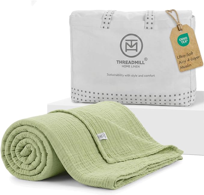 Threadmill King Size Muslin Blanket |Pre Washed 4 Layer Lightweight Gauze for All Seasons | Soft, Breathable, and Cozy Picnic Blankets| Pre Washed Summer Blanket Fits Cal King Size Bed | Sage Green