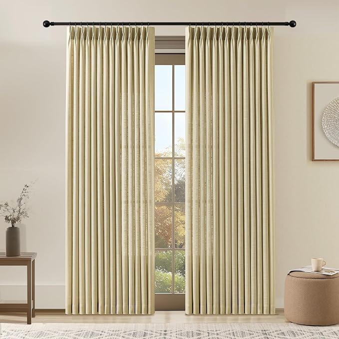 102 Inch Long Curtains Pinch Pleated Curtain for Living Room, Grey Beige Floor to Ceiling Light Filtering Pleat Drapes Textured Thick Semi-Sheer Curtains with Hooks for Bedroom Farmhouse 2 Panels