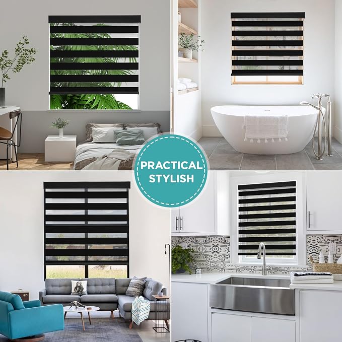 Joydeco Cordless Zebra Blinds (Pro), Dual Layer Light Control Zebra Blinds for Windows, Light-Proof Aluminum Cover, Free-Stop Roller Shades for Home & Office (Black,28" W x 75" H)