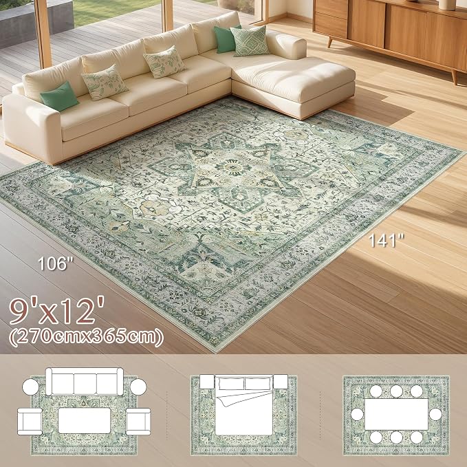 Tortania Area Rug Living Room Rugs - 9x12 Washable Boho Rug Vintage Oriental Distressed Farmhouse Large Thin Indoor Carpet for Living Room Bedroom Under Dining Table Home Office - Green