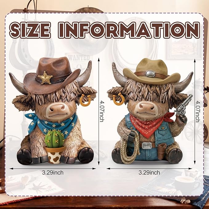Wesiti 2 Pcs Cowboy Highland Cow Figurines, Western Resin Statue Set for Country and Farmhouse Home Shelf Decor, Cute Unique Gift for Cow Lovers and Collectors