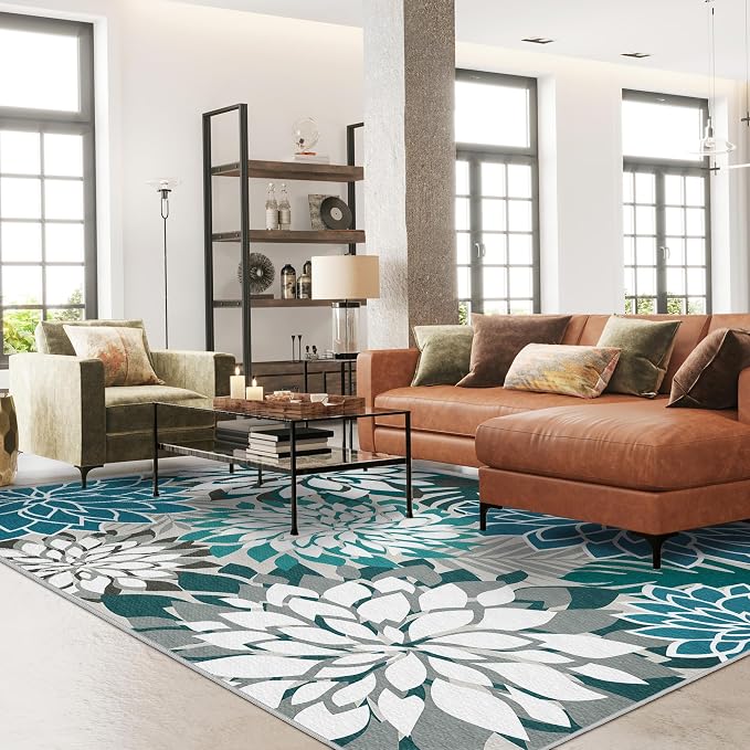 Colorful 5x8 Outdoor Area Rug Washable Multicolored Patio Rug Tropical Botanical Floral Chenille Waterproof Outdoor Carpet for Living Room, Deck, Backyard, Porch, Teal