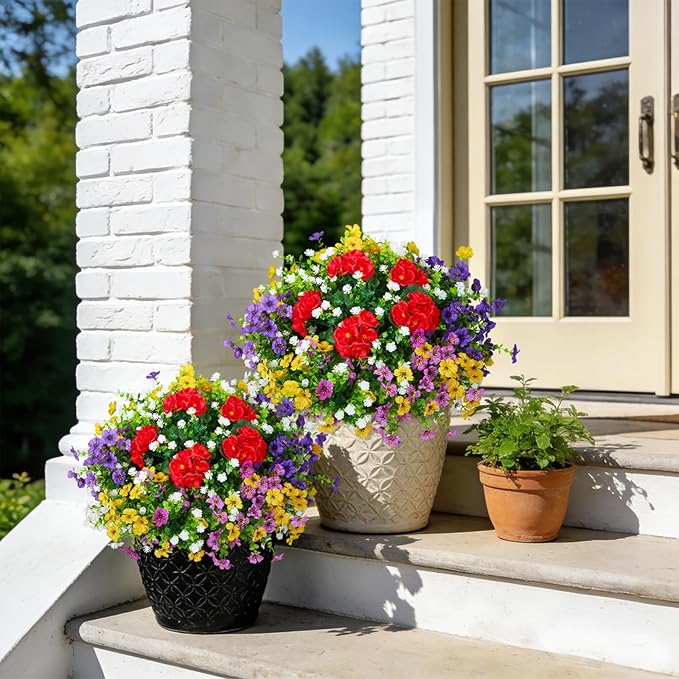 Hrobek Fake Artificial Silk Flowers for Outdoors with Realistic UV Resistant, Faux Plants for Outside Indoor, Home Patio Garden Back Yard Front Porch Decor Spring Summer(12 Bunches)