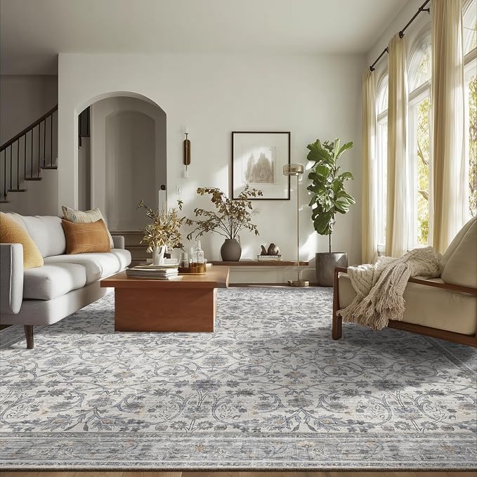 Washable Rugs for Living Room: 8x10 Area Rugs for Bedroom Ultra Soft Non-Slip Stain Resistant Vintage Boho Large Carpet for High-Traffic Dining Room - Farmhouse Decor