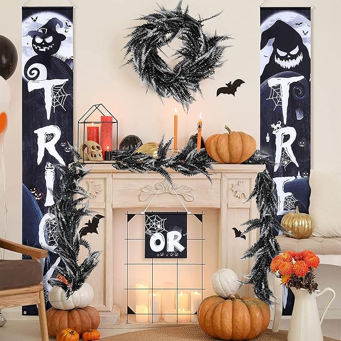 RECUTMS 2pcs Black Garland Artificial Boston Palnts 6 FT Fern Garland Faux Hanging Greenery Halloween Wreath for Outdoor Indoor Halloween Decor (Black+White)
