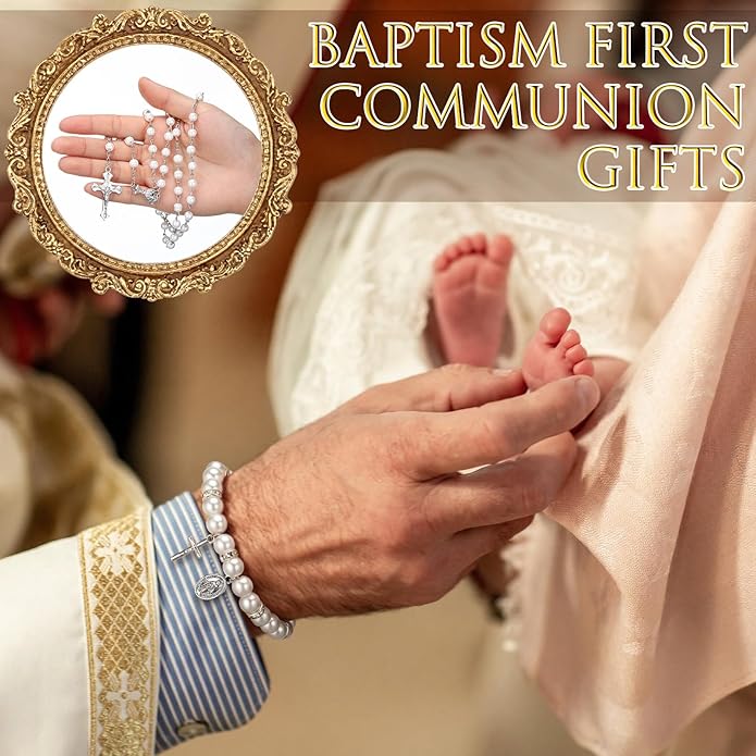 Kenning 24 Pcs First Communion Favor Rosary & Bracelet White Religious Rosary Bead Christian Baptism Gifts for Guests Primera Comunion Gift for Baptism Church Wedding