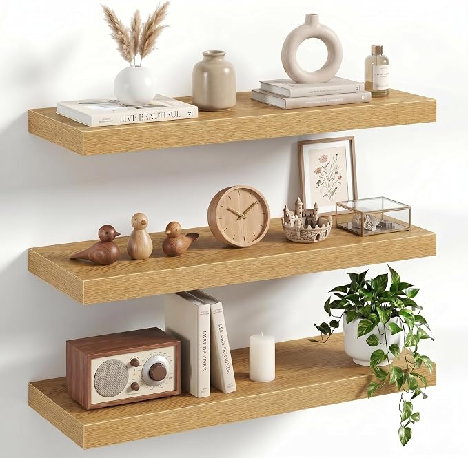 24" Floating Shelves for Wall, Set of 3, 8" Deep, 1.5" Thick, Oak Finish | Rustic Wood Wall Shelves with Invisible Brackets, Storage and Display for Bathroom, Bedroom, Living Room or Kitchen
