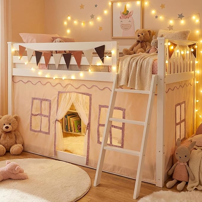 Breling 3 Panel Bunk Bed Curtains for Bottom Loft Bed Tent Set with Felt Flag Double-Layer Twin Bunk Curtains Playhouse Accessories for Boy Girl Bedroom(Cream)
