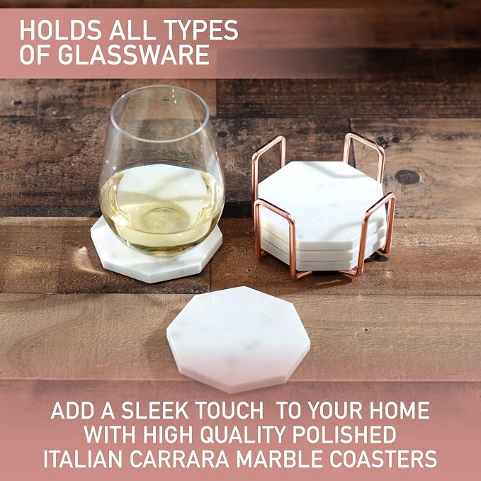 White Carrara Marble Coasters & Rose Gold Coaster Holder (Set of 5)- Durable, Thick Coasters - Protects Any Table Type & Fits Any Coffee Mug, Drinking Glass, Barware - Great Wedding