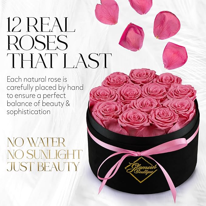 GLAMOUR BOUTIQUE Flowers Forever Gift Box, 12 Real Preserved Roses in Velvet Black Box, Floral Gift for Her, Mom or Wife for Birthday, Mother’s Day, Anniversary or Graduation, Pink (Color-Treated)