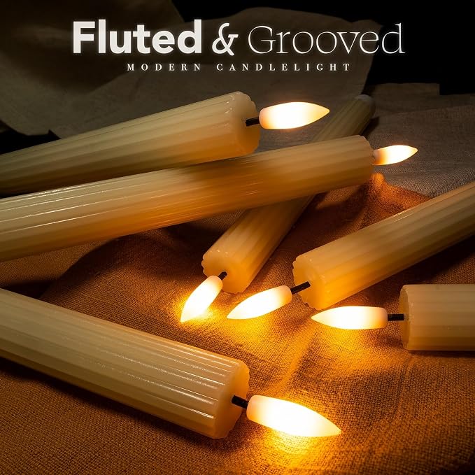 12 Pack, 10" LED Flameless Ivory Fluted Ribbed Grooved Taper Candles with 2 Remotes & 24h Timer Memory, On/Off Button, Dimmable, Flicker Mode, Battery Operated, Christmas Menorah Wedding
