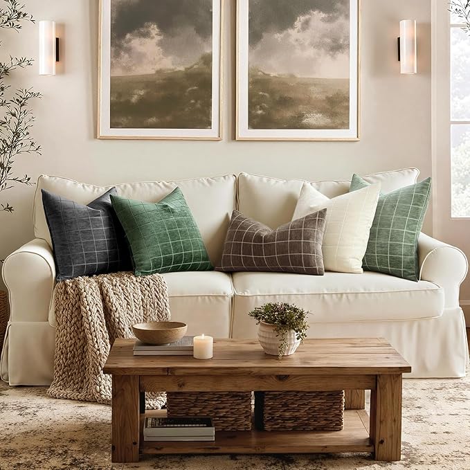 MIULEE Decorative Chenille Check Throw Pillow Covers Vintage Plaid Couch Pillows 20x20 Inch Set of 2 Neutral Boho Farmhouse Cushion Covers Modern Spring Home Decor for Sofa Bed Living Room Sage