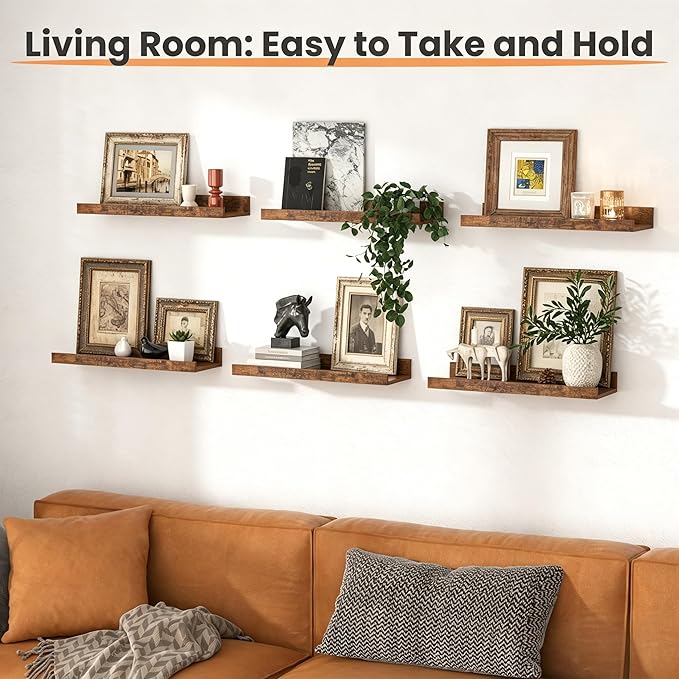 upsimples Floating Shelves for Wall, Wall Shelves for Decor Storage Set of 6, Wall Mounted Wood Shelf for Bedroom, Living Room, Bathroom, Kitchen, Picture Ledge Shelf, Brown