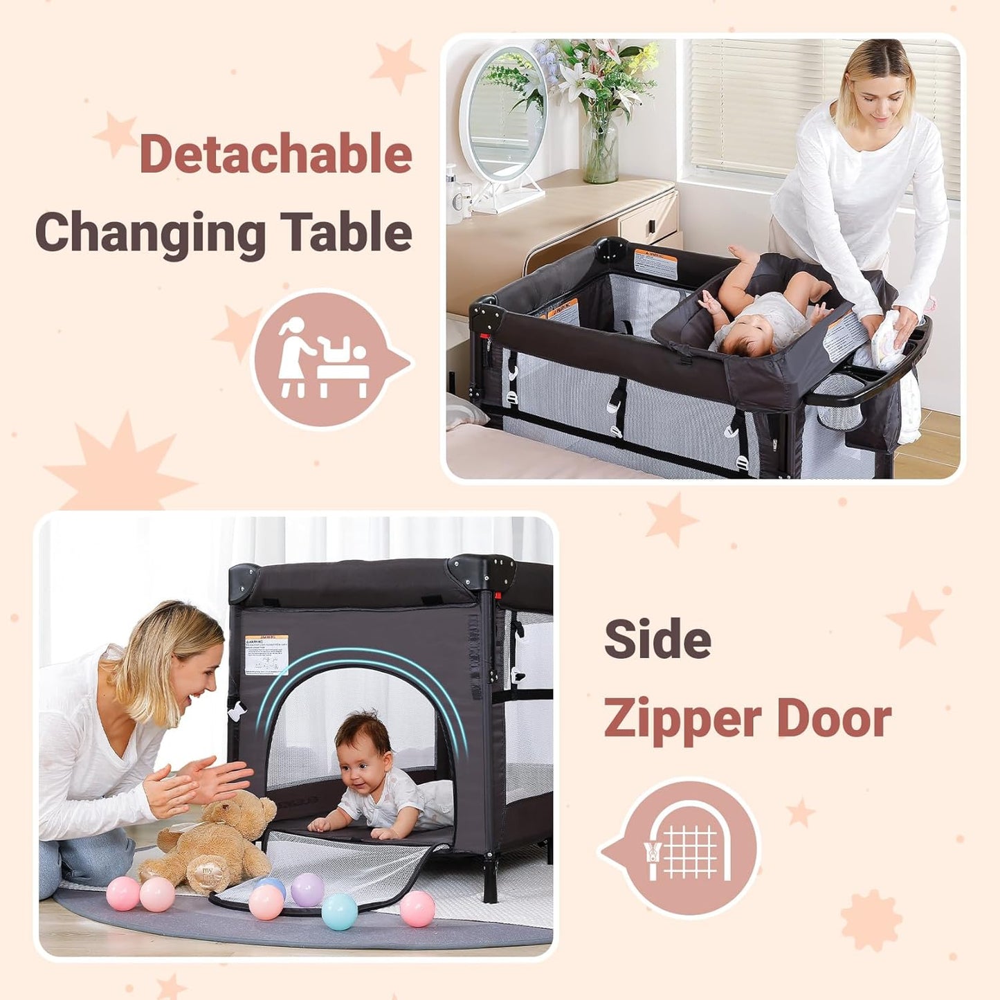 ELEMARA 5 in 1 Pack and Play, Adjustable Baby Bedside Bassinet Sleeper,1-Second Setup Foldable Playard from Newborn to Toddles,Bedside Crib with Changing Table,Portable Travel Bassinet,Ziper Door,Gray