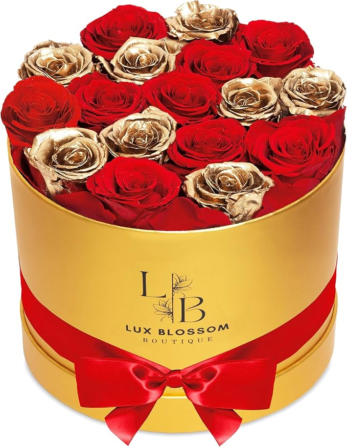 17 Forever Roses in a Box - Luxury Red & Gold Roses, Gold Roses, Preserved Roses Gifts for Women, Forever Flowers Gifts for Wife, Roses for Delivery Prime (Gold Box)