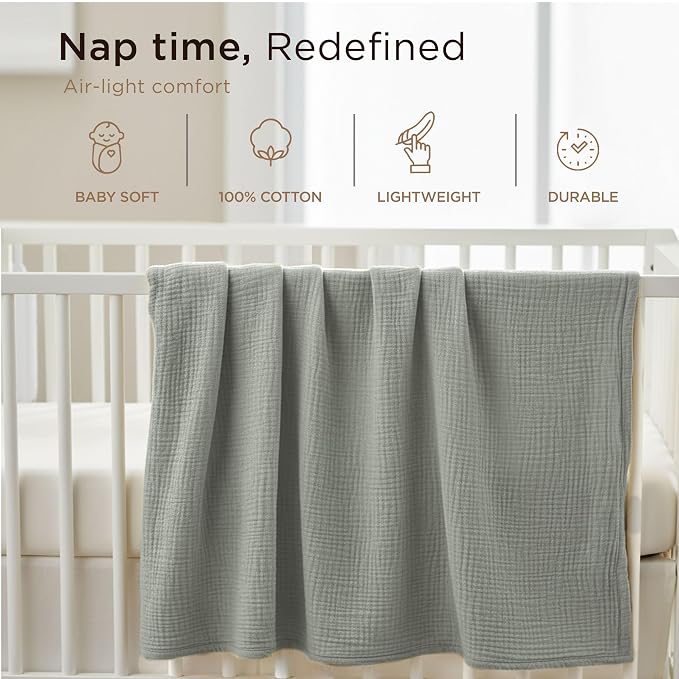 Threadmill Muslin Baby Blanket | 4 Layer Swaddle Blankets for Newborns| Multi-Use Muslin Blankets 41 x 37| Ultra-Soft Breathable Baby Wrap for Boys & Girls| Registry Essential| Scottish Grey