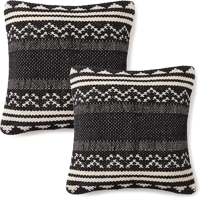 REDEARTH Handmade Boho Throw Pillow Covers - Bohemian Chic Farmhouse Style - Accent Woven Indoor and Outdoor Pillow Cushion Cases for Couch - Bed - Sofa – Set of 2-18"x18" - Ziggurat Obsession Black