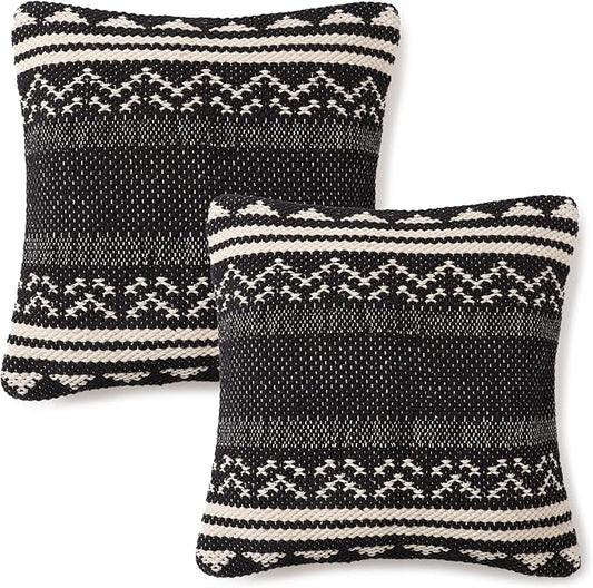 REDEARTH Handmade Boho Throw Pillow Covers - Bohemian Chic Farmhouse Style - Accent Woven Indoor and Outdoor Pillow Cushion Cases for Couch - Bed - Sofa – Set of 2-18"x18" - Ziggurat Obsession Black