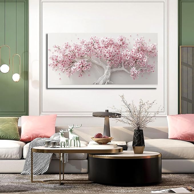 AOZEMI Pink Wall Art for Living Room Bedroom Home Office Large Tree Wall Decor Flower Pictures Art White Artwork Modern Floral Canvas 24"x 48"