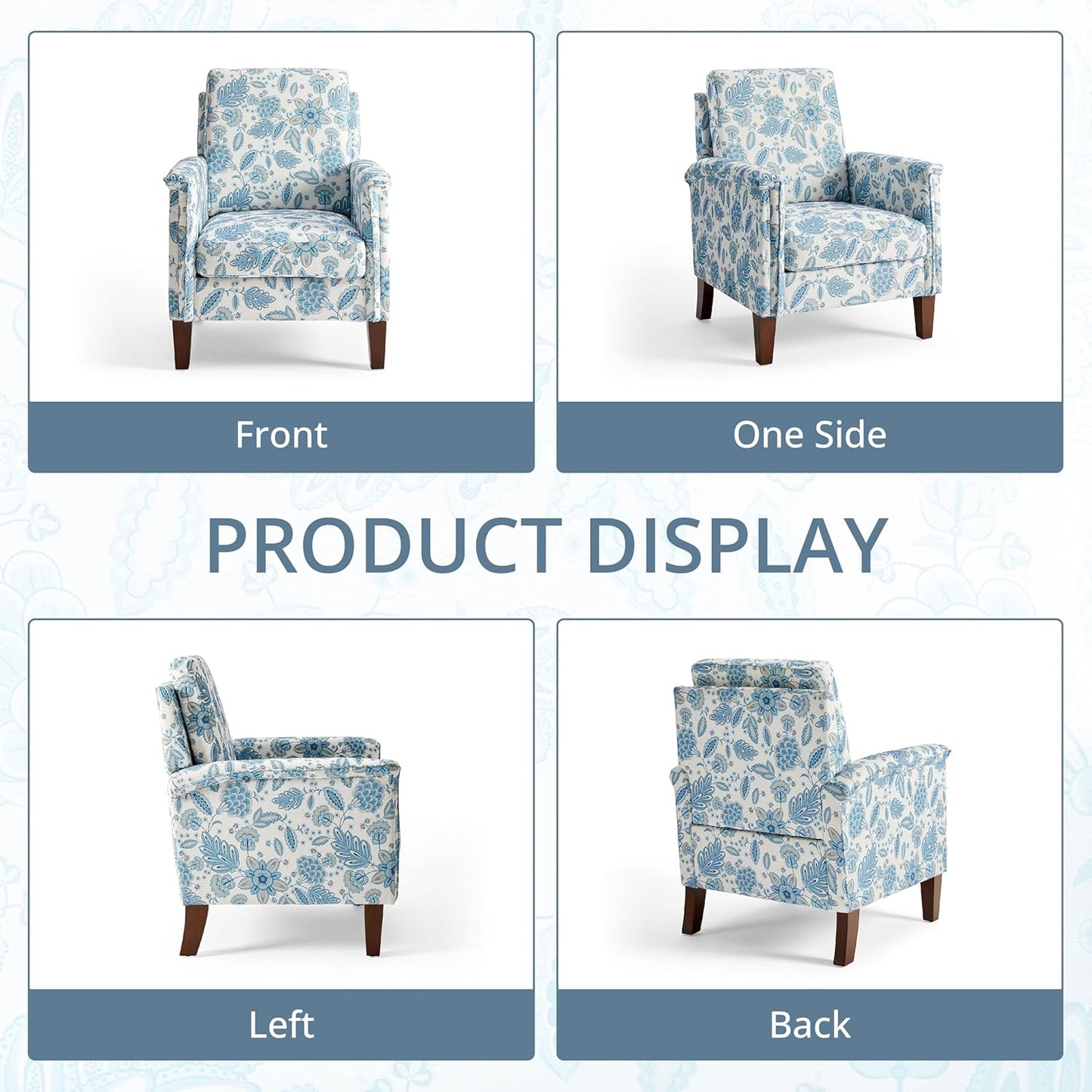 Floral Accent Chair Set of 2, High Back Upholstered Armchair with Solid Wooden Legs, Padded Armrest and Removable Comfortable Cushioned Seat Single Sofa for Living Room, Bedroom, Blue