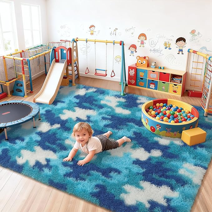 AROGAN Soft Fuzzy Kids Rugs for Girls Room Playroom 3x5 Feet, Fluffy Cute Colorful Princess Carpet for Kids Teens Nursery Toddler, Bedroom, Camouflage Blue and White