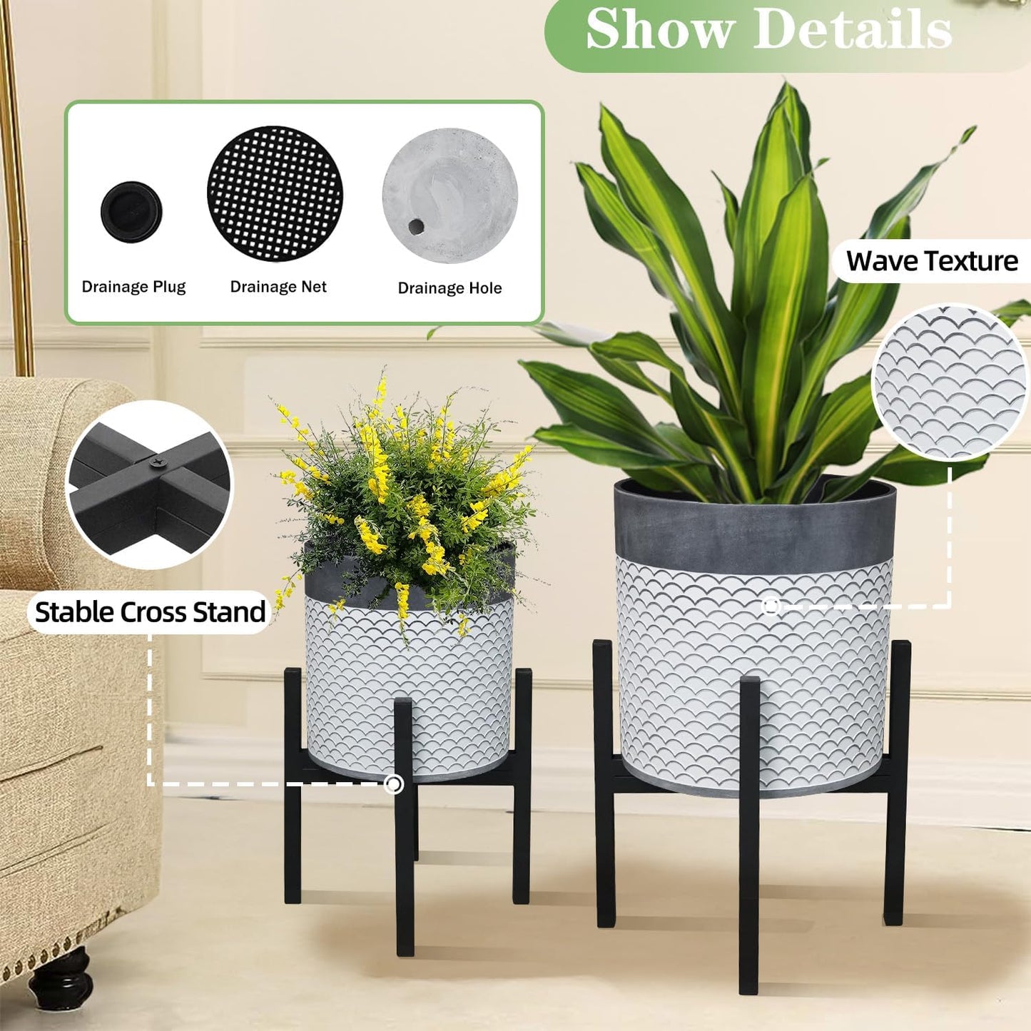 Planter with Stand Set of 2, Mid Century Plant Pots with Metal Legs Indoor, Modern Flower Pots with Drainage Holes, Decorative Garden Pot for Living Room, Office, Garden, or Balcony 10 & 12 inches