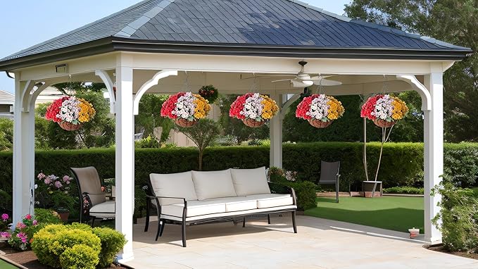 Artificial Fake Hanging Plants Flowers Basket for Spring Outdoor Decoration, Faux Silk Daisy UV Resistant Look Real with Eucalyptus Leaves Summer Decor for Home Patio Garden Outside(Red White Yellow)