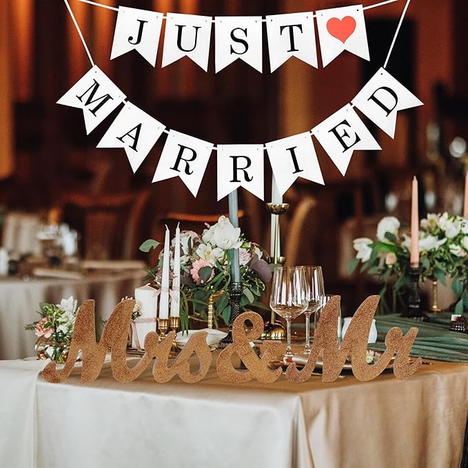 Just Married Banner for Wedding Table - Mr. & Mrs. Wedding Decoration Items, Rose Gold Wood Letter, Anniversary Party Valentine's Day Vintage Decor