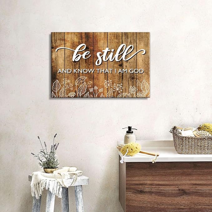 Rustic Country Brown Bible Verse Wall Art Be Still and Know That I Am God Christian Picture Inspirational Canvas Prints Boho White Plant Scripture Poster for Living Room Office Home Decorations 16x24"