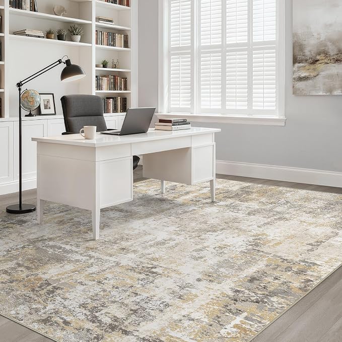 10x14 Area Rugs Living Room: Washable Large Neutral Gray Gold Rug Abstract Soft Modern Stain Resistant Indoor Floor Non-Slip Carpet for Bedroom Nursery Kids Office Playroom Dining Room Under Table