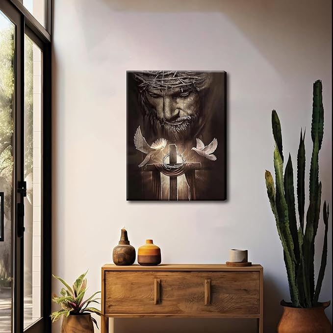 Eysintum Christian Framed Canvas Wall Art Jesus Christ Crown of Thorns Cross with Holy Spirit Doves Religious Home Decor for Church Prayer Room Living Room Office Ready to Hang 12x16in