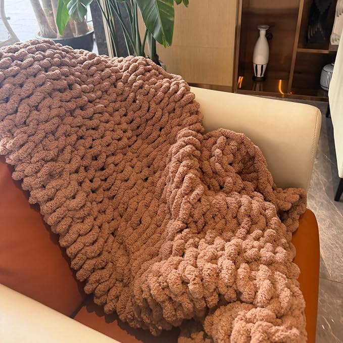 Soft Chunky Knit Throw Blanket for Couch, Cozy Warm Knitted Blankets | Hand Knit with Jumbo Chenille, Lightweight Warm Fluffy Decor for Women, Mom, Her & Girls,Sofa,Chair,Bed,40"×60"(Light Brown)