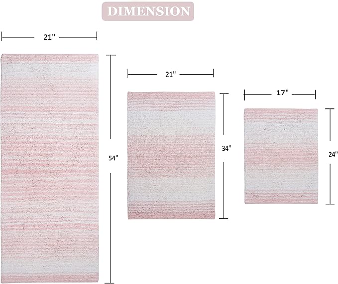 Home Weavers 100% Cotton Gradiation Collection Bathroom Décor | Washable Rug | Bathroom Mat | Kitchen Mat | Bathroom Rug Set | Bath Mat Set | Bath Floor Mat Non Slip, 3 Piece Set with Runner, Pink
