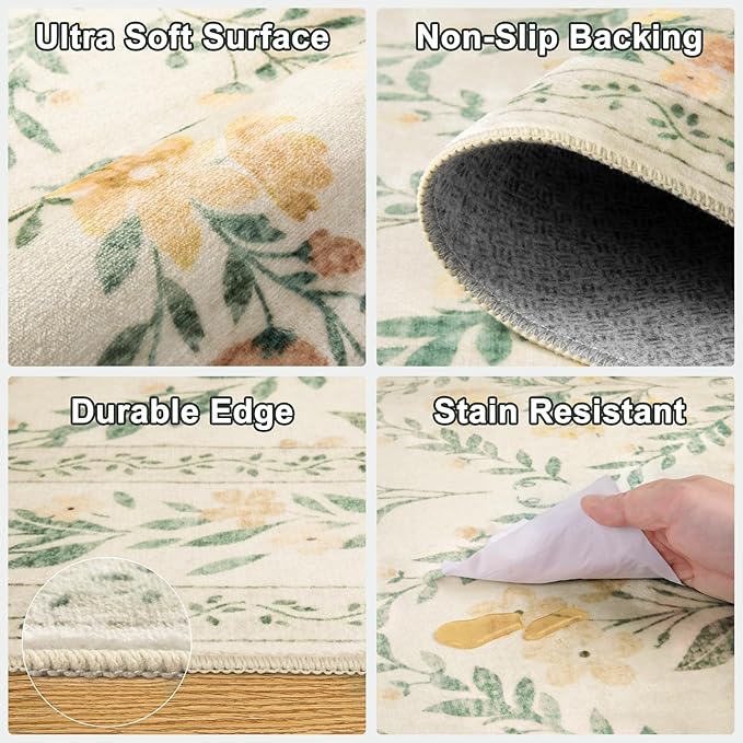 Area Rug Living Room Rugs: Floral 3x5 Washable Rug Vintage Soft Boho Non-Slip Carpet Indoor Floor Stain Resistant Large Carpets for Bedroom Dining Room Farmhouse Nursery Hallway Beige/Multi