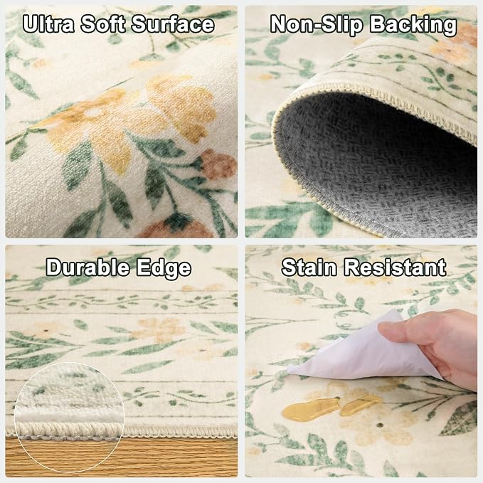 Runner Rug for Entryway: 2x5 Kitchen Rugs Non Slip Washable Ultra-Thin Soft Floral Carpet Indoor Floor Stain Resistant Carpets for Hallway Bedroom Kitchen Laundry Bathroom Dorm Beige/Multi