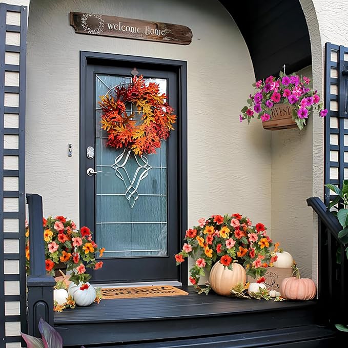 Artificial Fake Flowers for Outdoor Spring Decoration, 2PCS Faux Silk Petunias No Fade UV Resistant Flowers for Outside Garden Porch Yard Balcony Patio Realistic Indoor Decor(Orange)