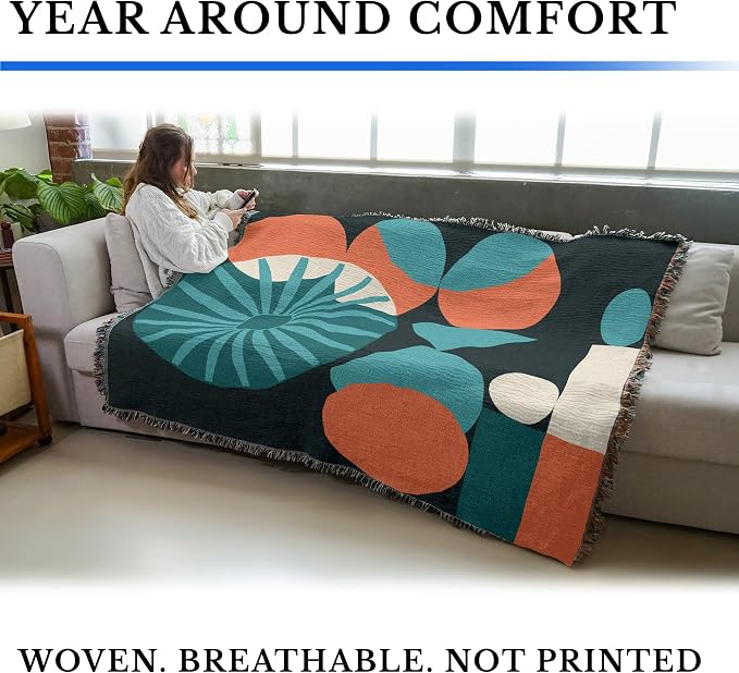 Pure Country Weavers Mod Shapes Teal Blanket - Mid Century Modern - Gift Tapestry Throw Woven from Cotton - Made in The USA (72x54)