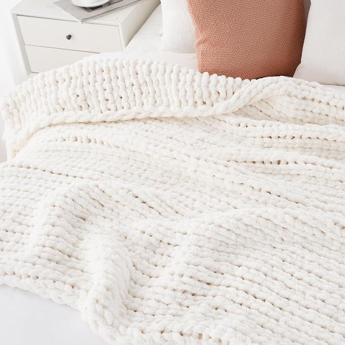 Battilo Cream Chunky Knit Throw Blanket, Soft and Thick White Chenille Throw Blanket, 50"x60" Handmade Cable Knit Crochet Blanket, Knot Knitted Throw Blankets for Couch Home Decor, Cream