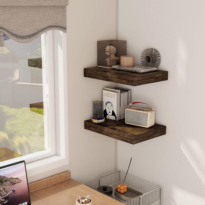 12 Inch Deep Floating Shelves, 16 x 12 Floating Shelf for Books, Rustic Wood Deep Wall Shelves for Home Storage & Display, 2" Thicked Shelves for Kitchen, Living Room, Bedroom, Rustic Brown, 2 Pack