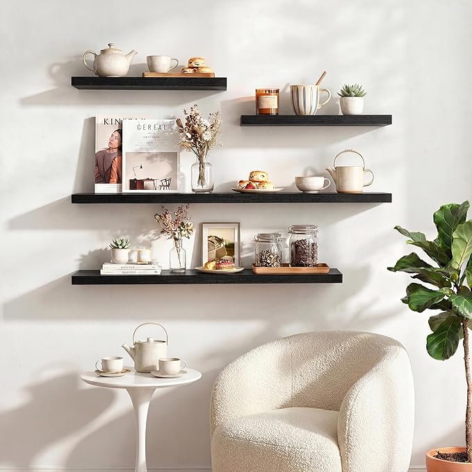 Dreamland 16 Inches Floating Shelves for Wall, 9.3" Deep Long Floating Shelves Set of 2, Large Display & Storage Shelf, Wall Shelf for Bathroom Bedroom Living Room Kitchen Office, Black