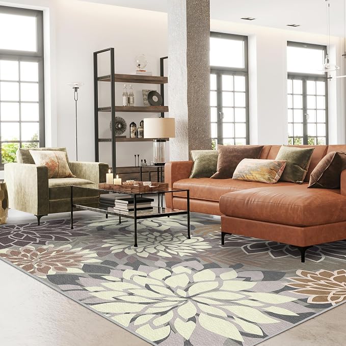 8x10 Outdoor Area Rug Washable Multicolored Patio Rug Tropical Botanical Floral Chenille Waterproof Outdoor Carpet Non-Slip for Deck, Backyard, Porch, Taupe