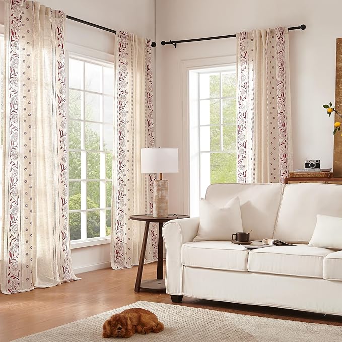 jinchan Red Floral Linen Curtains for Bedroom 84 Inches Length Holiday Curtain Embroidered Bordered Curtains for Living Room Farmhouse Decor Light Filtering Window Treatments Red on Beige 2 Panels