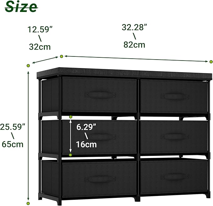 PPN Dresser with 6 Fabric Drawer Stand Desktop Sturdy Metal Plastic Support Tube Cube Storage Cabinet for Living Room, Bedroom Organization Dorm Front Hall Entryway Black