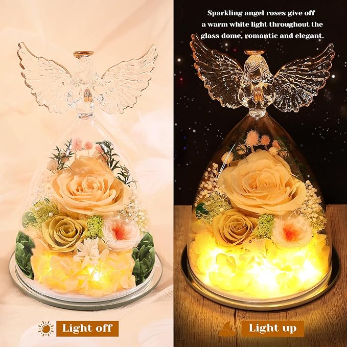 FIACO Gifts for Mom Women Birthday Preserved Rose in Glass Angel Figurine Forever Fresh Flower for Delivery, Mothers Day Flowers Gifts for Grandma Wife Daughter